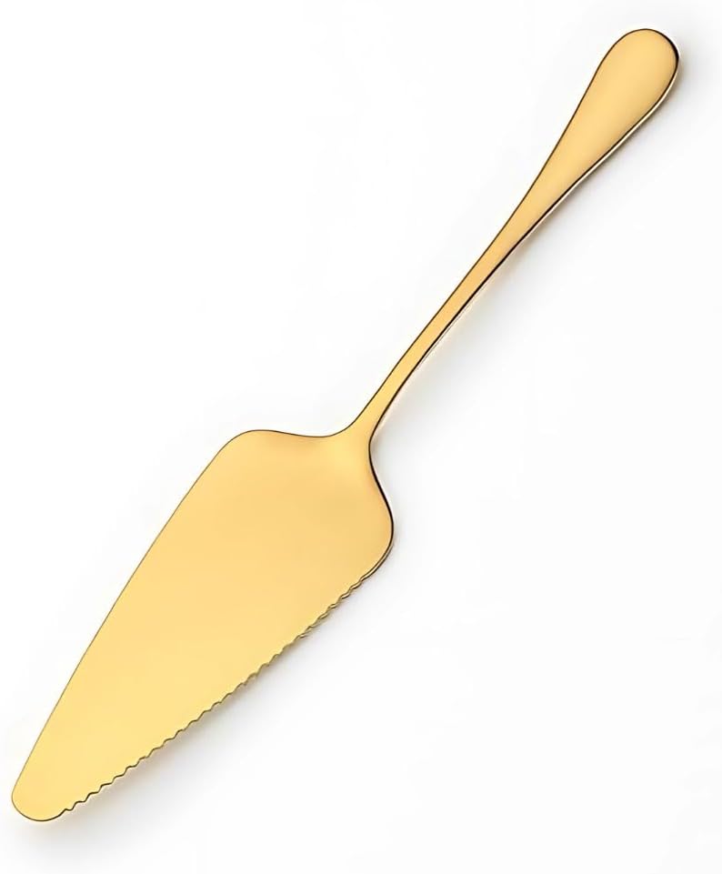 Espátula para bolo e torta em aço inox dourado com corte serrilhado